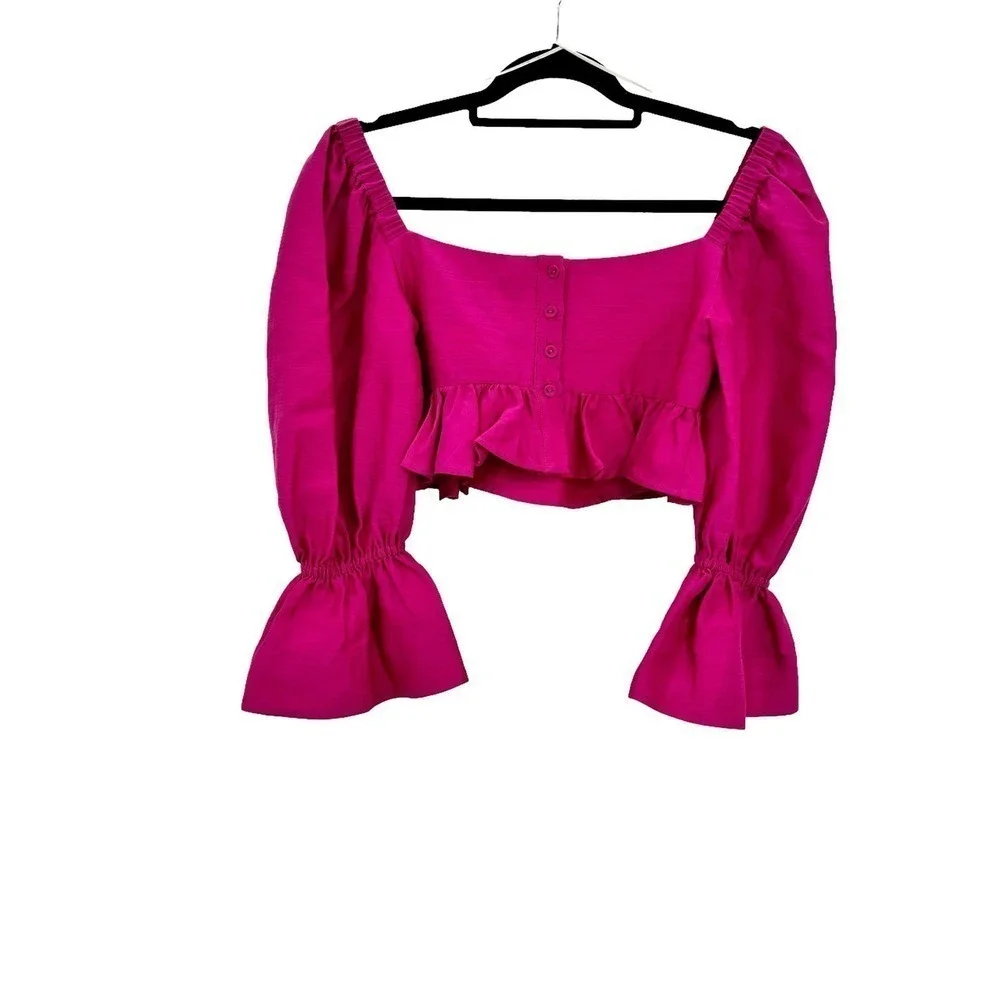 ALEMAIS Blaire Ruffle Blouson Crop Top Pink Puff Silk Cotton Size 4 NWOT